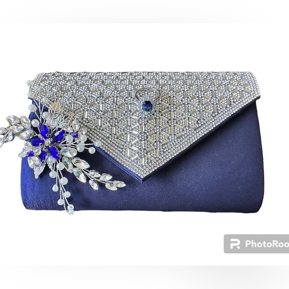Handbags - Wedding Lot of Crystal & Navy Blue Clutch & Crystal Hair Comb Crystal Ring